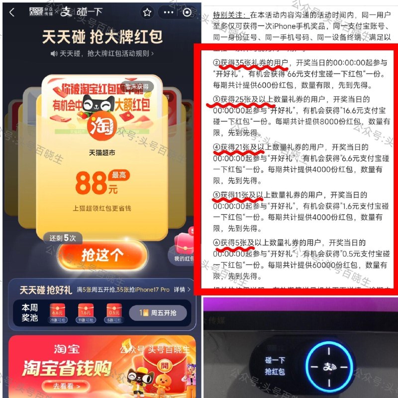 【zfb电梯每天碰一下抢鸿苞】 每天到分众电梯广告屏 如图设备碰一下 可领5张礼.券 --- ⭐集齐指定数量 每周五⏰0点 抽66/16.6/6.6/0.66碰一下鸿苞 -- ❗小区、办公楼附近有设备的 感兴趣可以看看哈 碰一下即可攒 ​