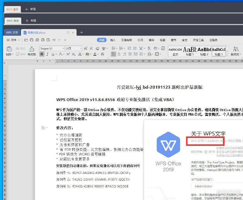 WPS Office 2019 v11.8.6.8556 政府专业版免激活‌（集成VBA）修改内容